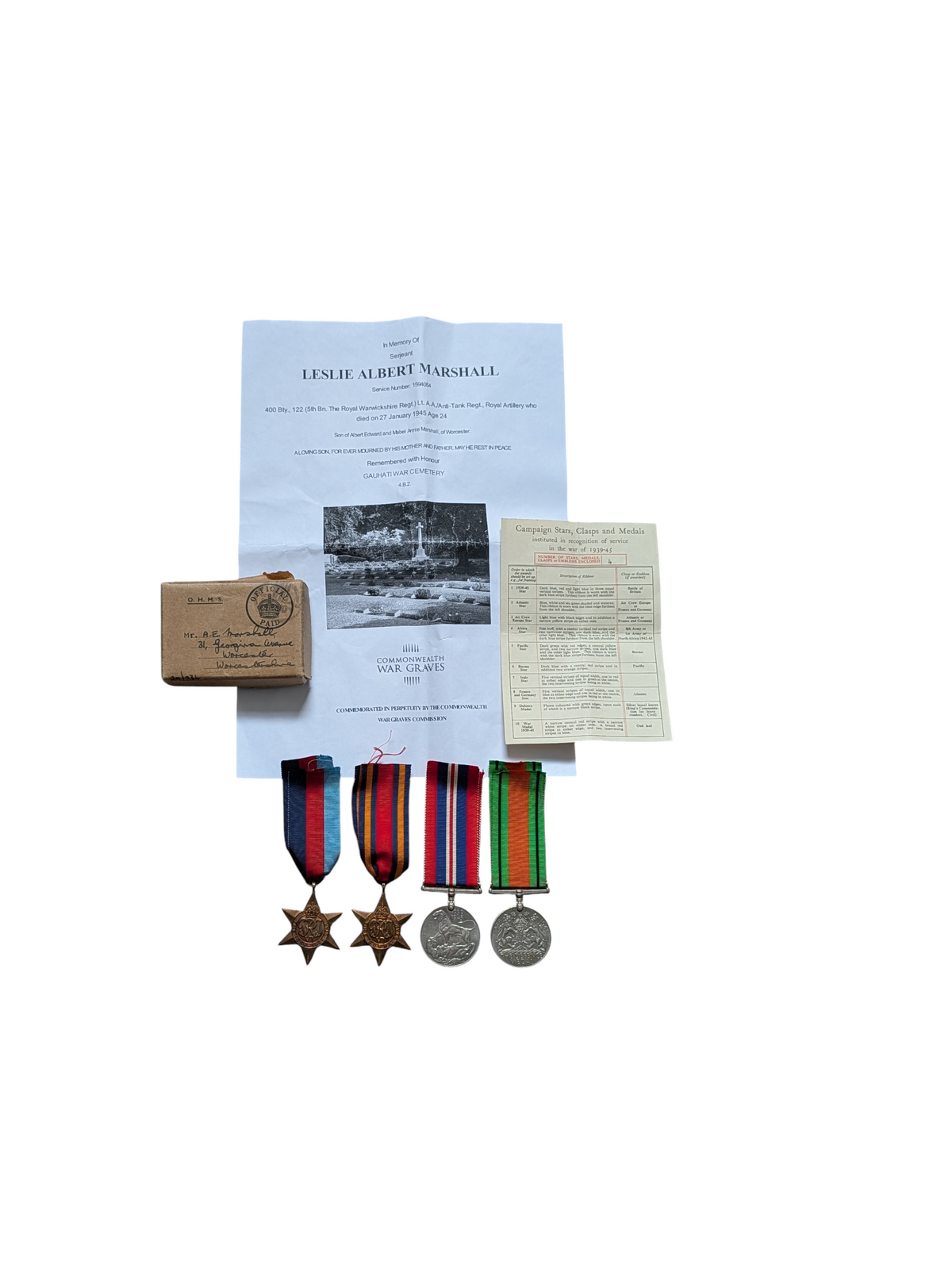 SOLD! WW2 Casualty KIA 4 Medal Group Issue Box & Award Slip LESLIE ALBERT MARSHALL