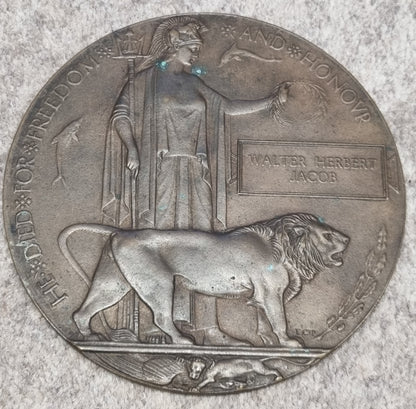 WW1 British Army Death Plaque WALTER HERBERT JACOB - the 2nd Casualty of the entire Middlesex Regt 1914