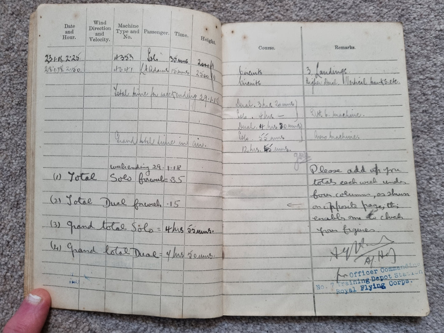 SOLD! WW1 RFC Flying Log Book Photo & RFC Papers to 2nd Lieut H C Derham