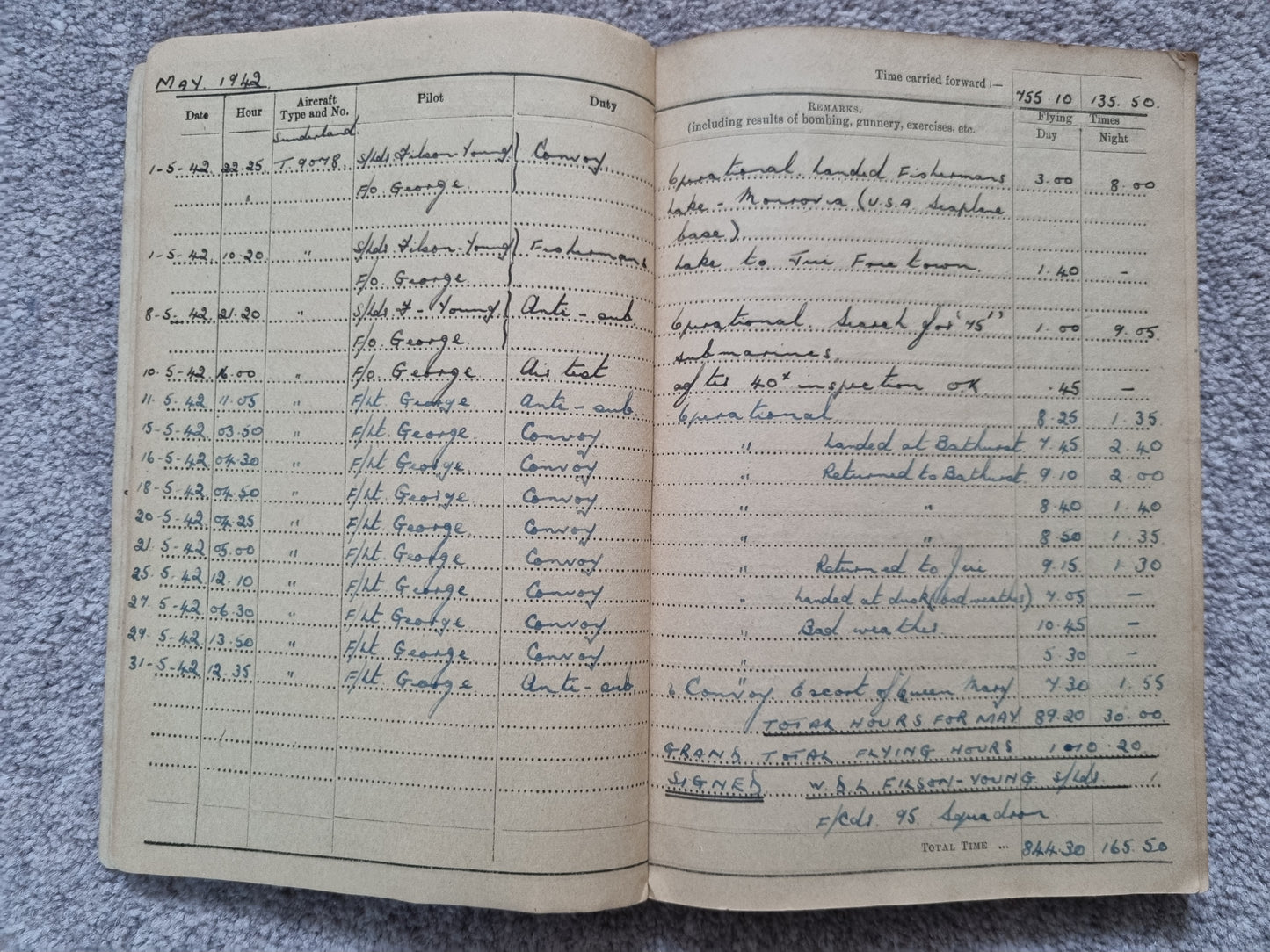 SOLD! WW2 Indian Airforce Flying Log Book to Gerald Jarman, Air Gunner/Observer, Anti Submarine Warfare