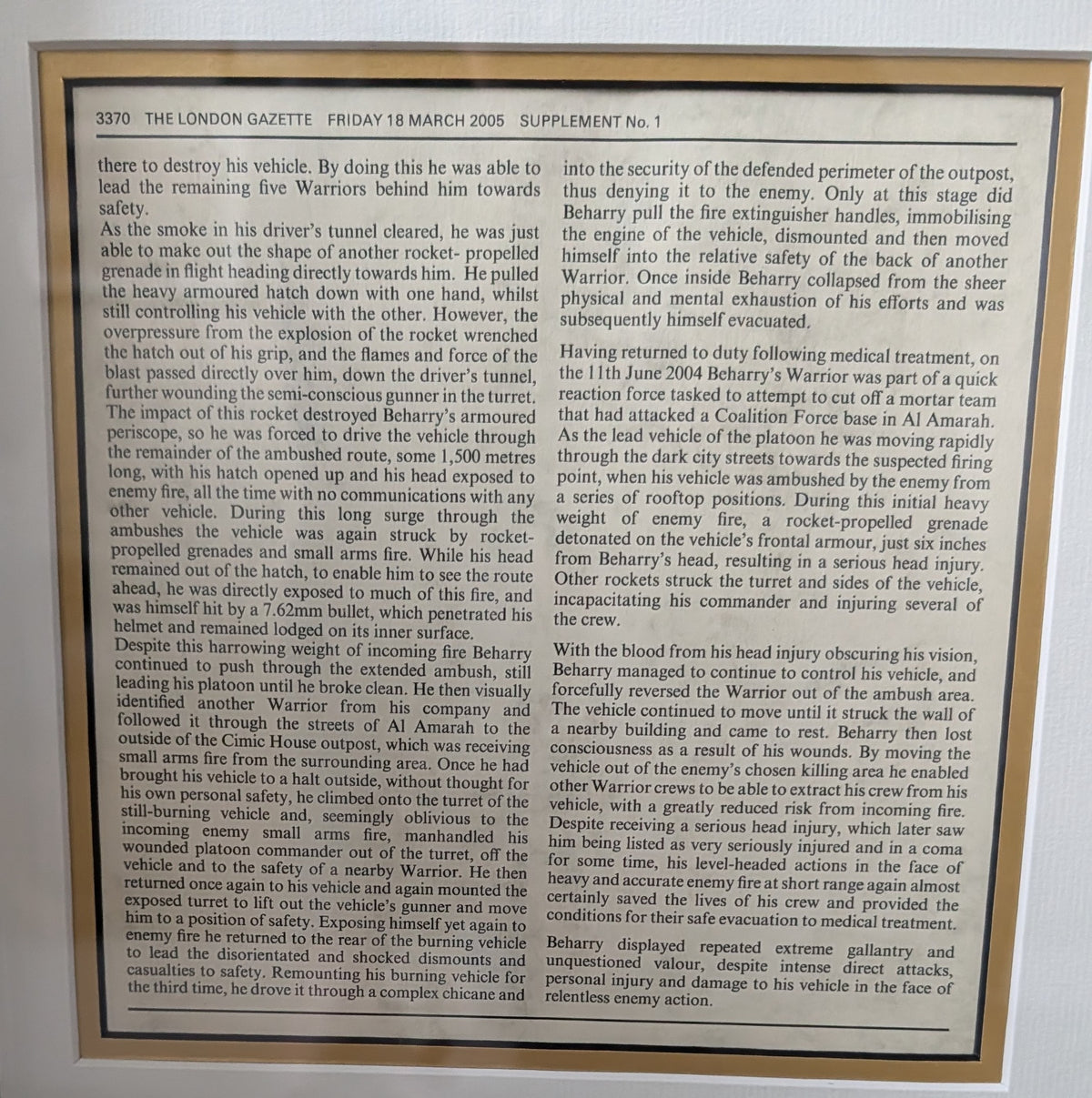 Unique Framed Victoria Cross VC Recipient Signed Celebration - Pte Johnson Beharry