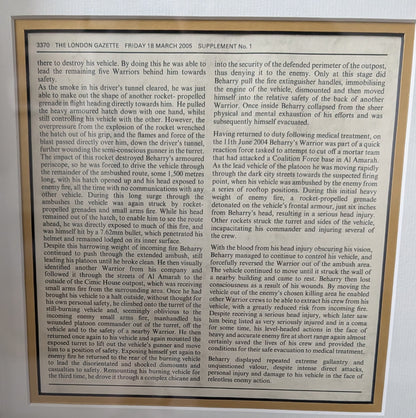 Unique Framed Victoria Cross VC Recipient Signed Celebration - Pte Johnson Beharry