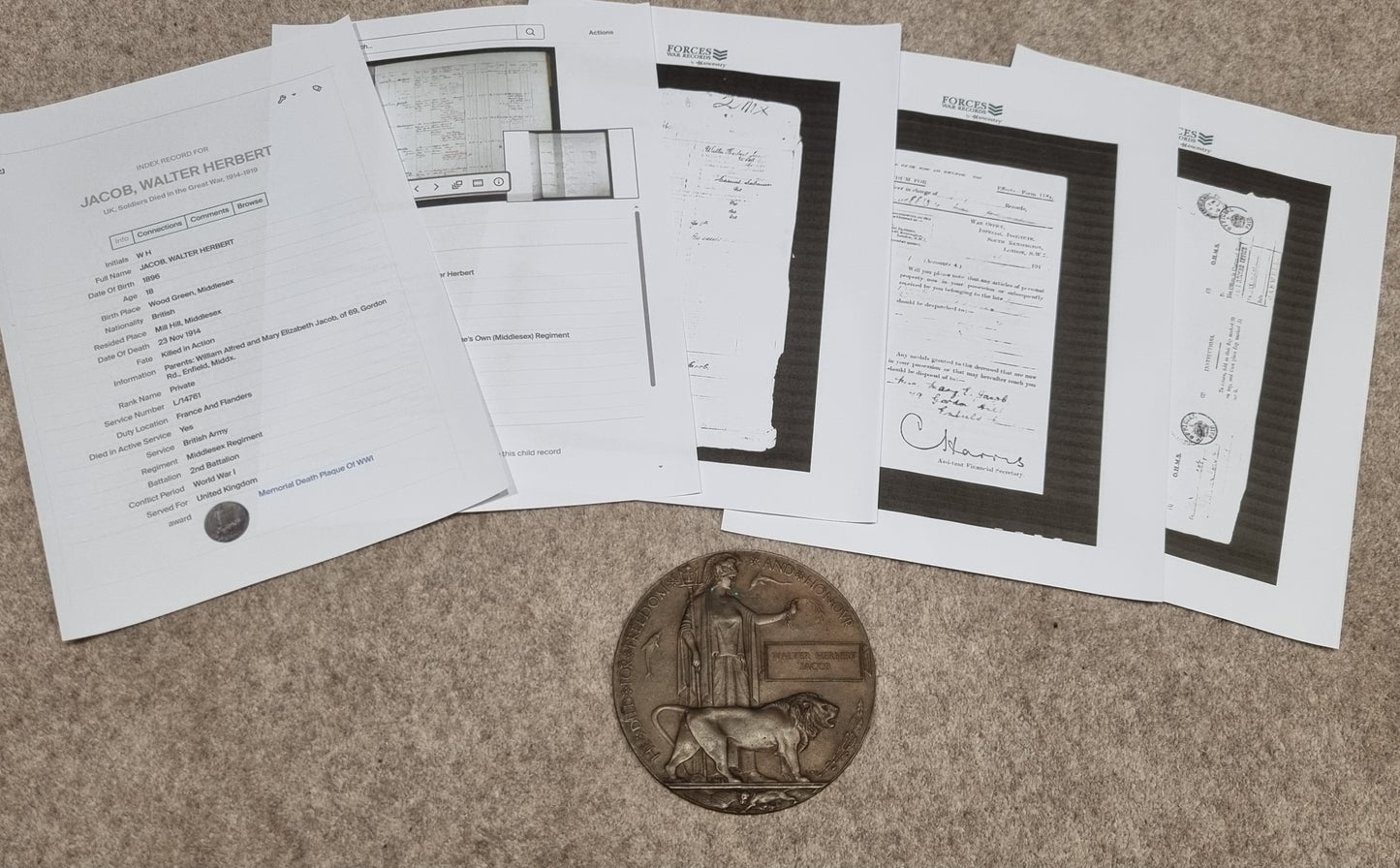 WW1 British Army Death Plaque WALTER HERBERT JACOB - the 2nd Casualty of the entire Middlesex Regt 1914