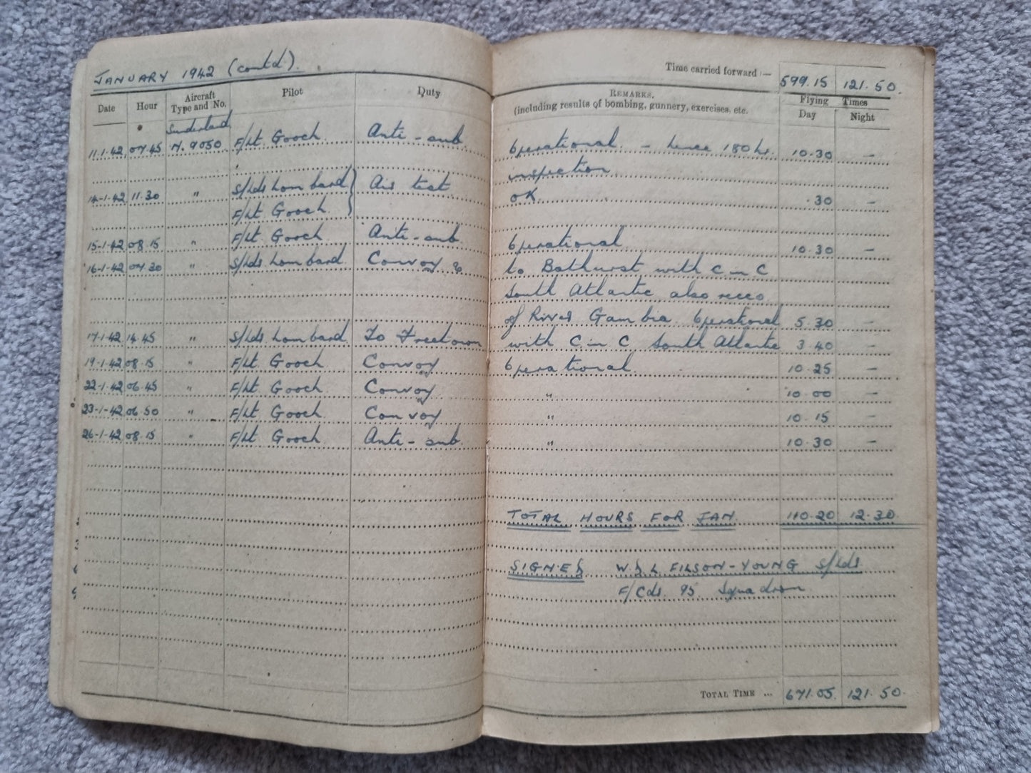 SOLD! WW2 Indian Airforce Flying Log Book to Gerald Jarman, Air Gunner/Observer, Anti Submarine Warfare