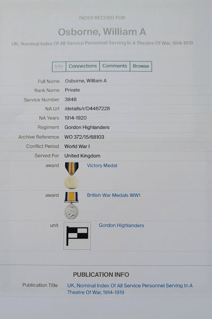 WW1 British Army Gordon Highlanders Sporran & WW1 War Medal - Both Named to William A Osborne