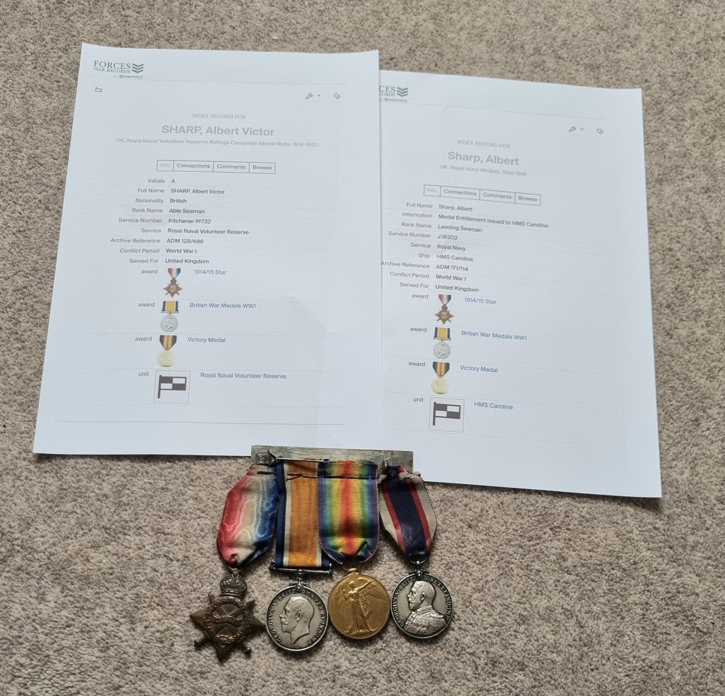 WW1 Trio Long Service & Good Conduct Medal Set to Leading Seaman Albert Victor Sharp- HMS Caroline (Jutland Interest)