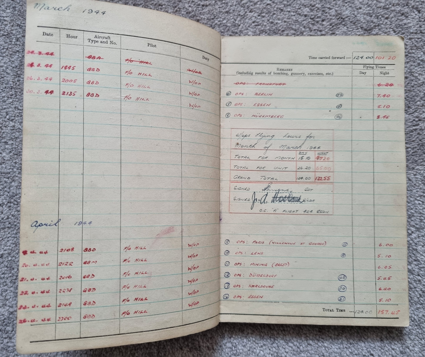 WW2 RAF Flying Log Book to Air Gunner I. E. Parsons with 37 Bombing Operations including DDAY with Combat Reports