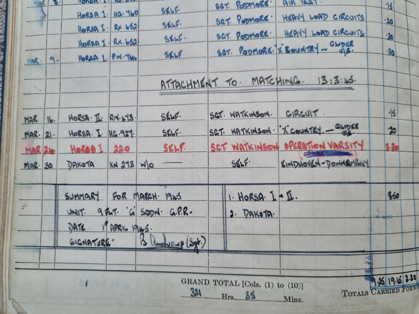 SOLD! Rare WW2 Glider Pilot RCAF Flying Log Book to Brian Andrews, Operation Varsity