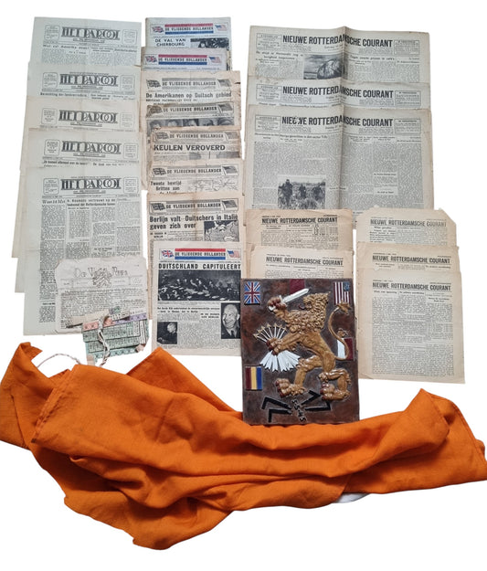 Rare WW2 Dutch Resistance Set - Plaque, Flag, Air Drop Leaflets & Newspapers